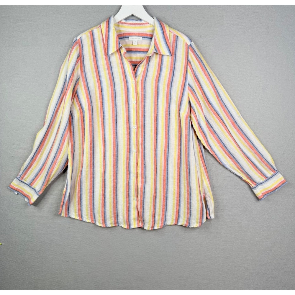 Charter Club Button Up Top Womens 1X Colorful Striped Linen Blend Roll Tab Beach